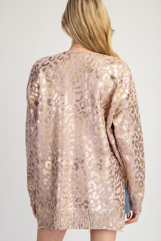 Metallic Animal Printed V-Neck Sweater