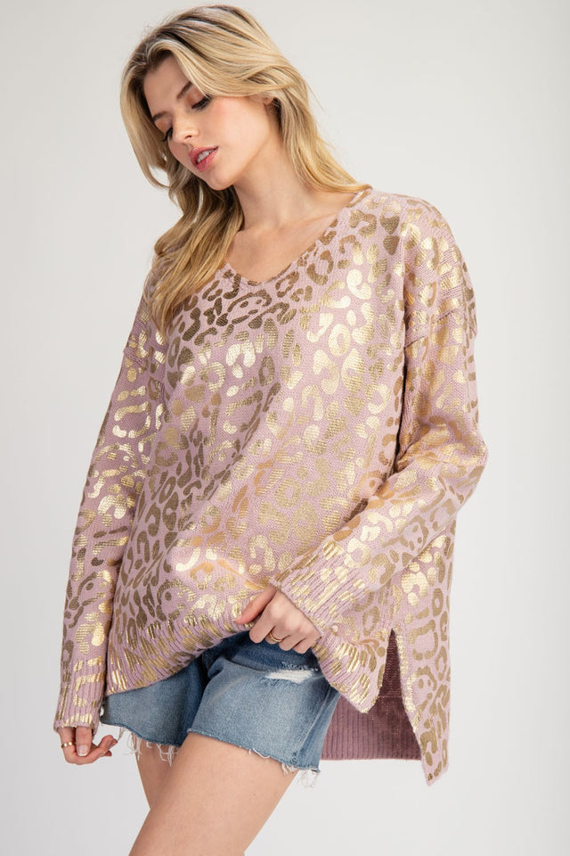 Metallic Animal Printed V-Neck Sweater