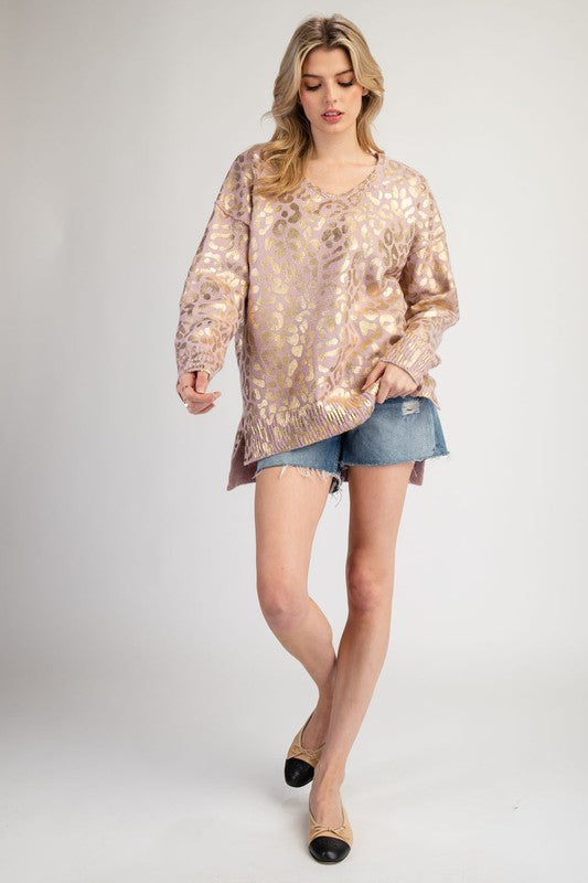 Metallic Animal Printed V-Neck Sweater