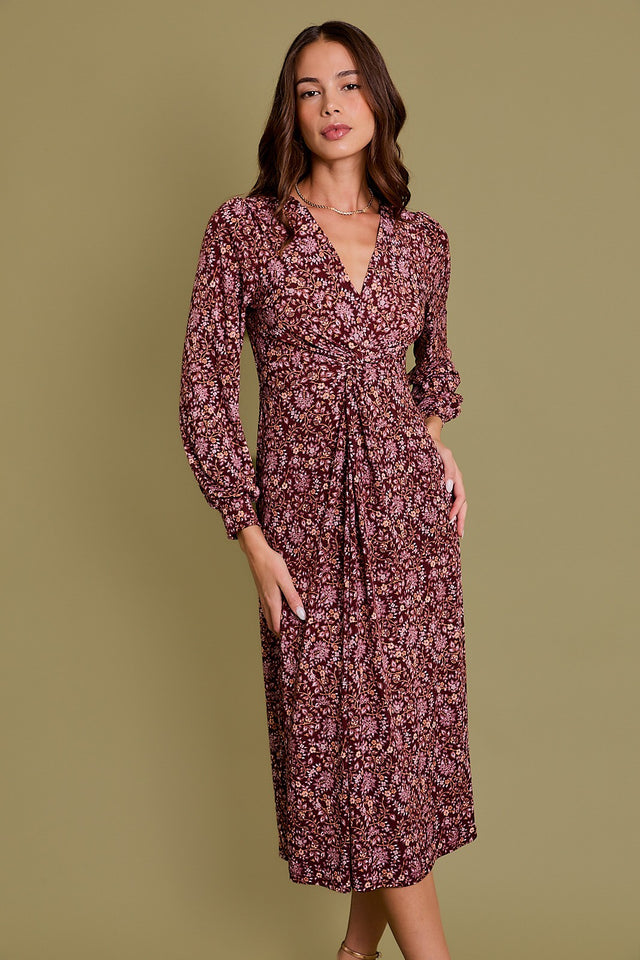 Long Sleeve Twist Paisley Midi Dress