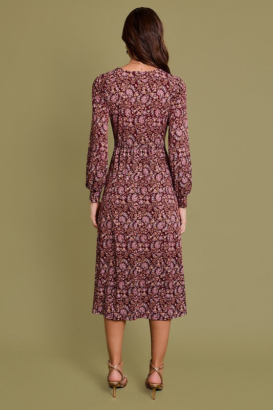 Long Sleeve Twist Paisley Midi Dress