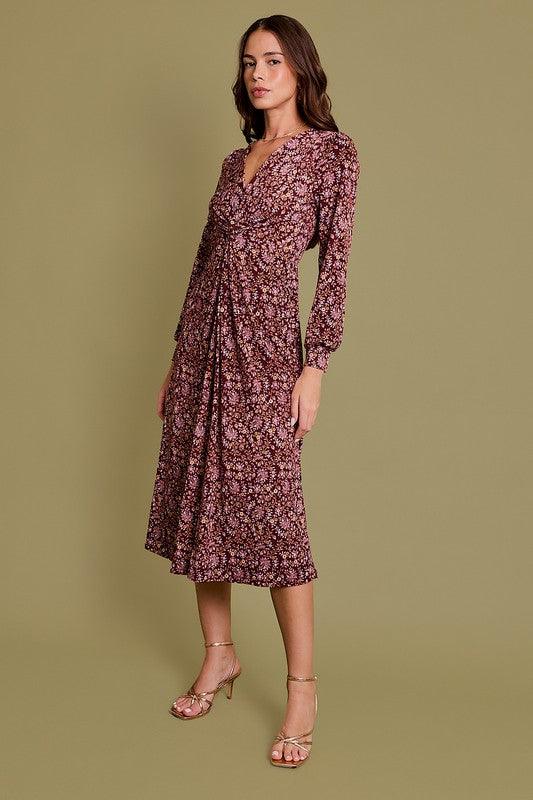 Long Sleeve Twist Paisley Midi Dress