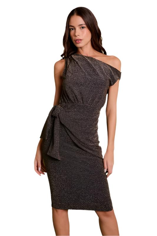 Sleeveless One Shoulder Wrap Tie Lurex Dress