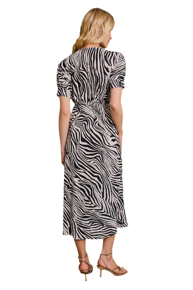 Short Puff Sleeve Surplice Animal Print Midi Dress