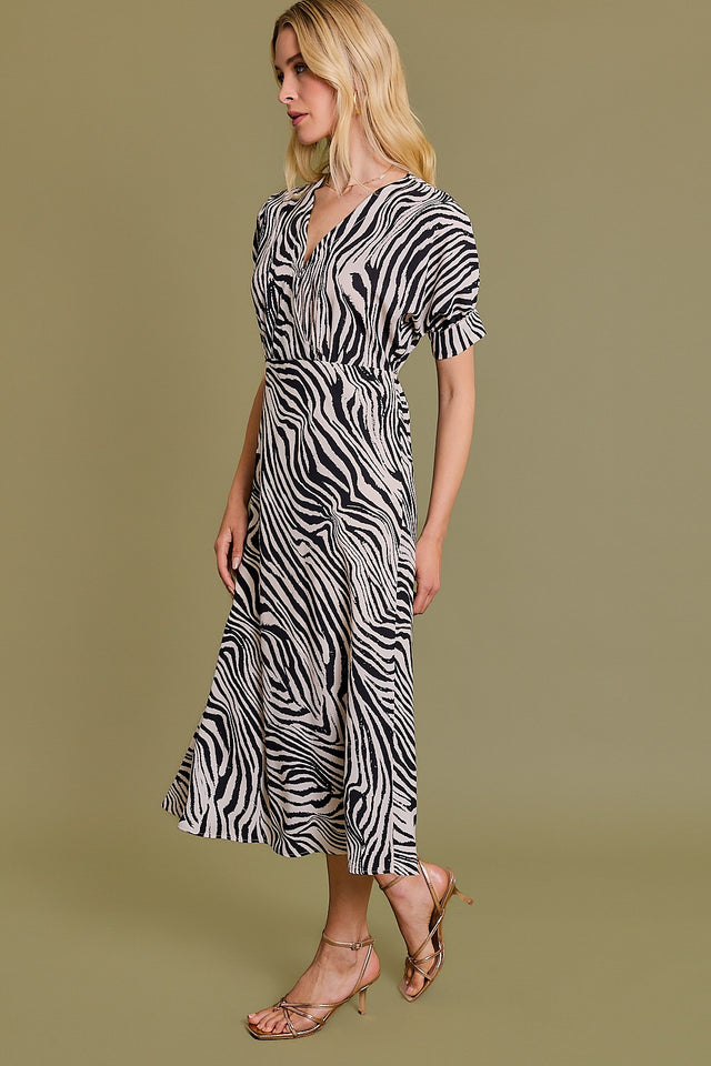 Short Puff Sleeve Surplice Animal Print Midi Dress