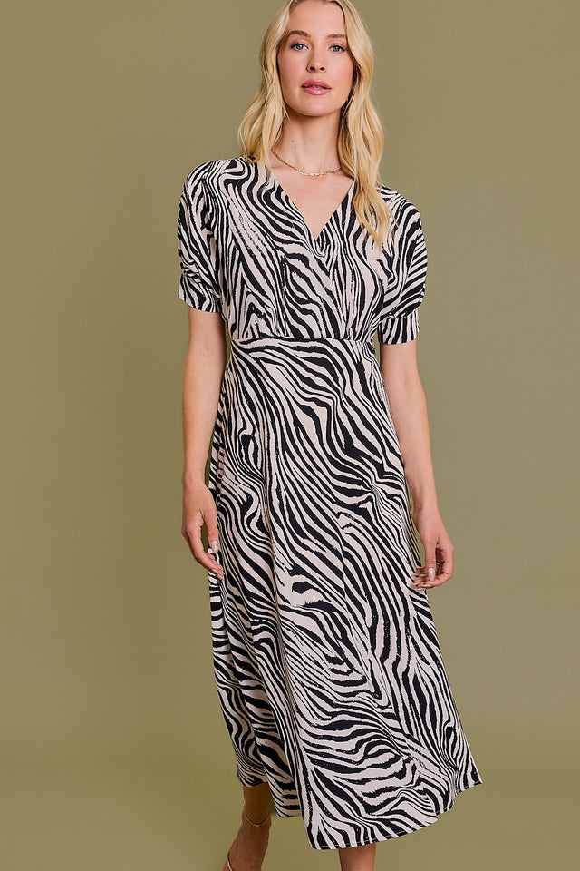 Short Puff Sleeve Surplice Animal Print Midi Dress