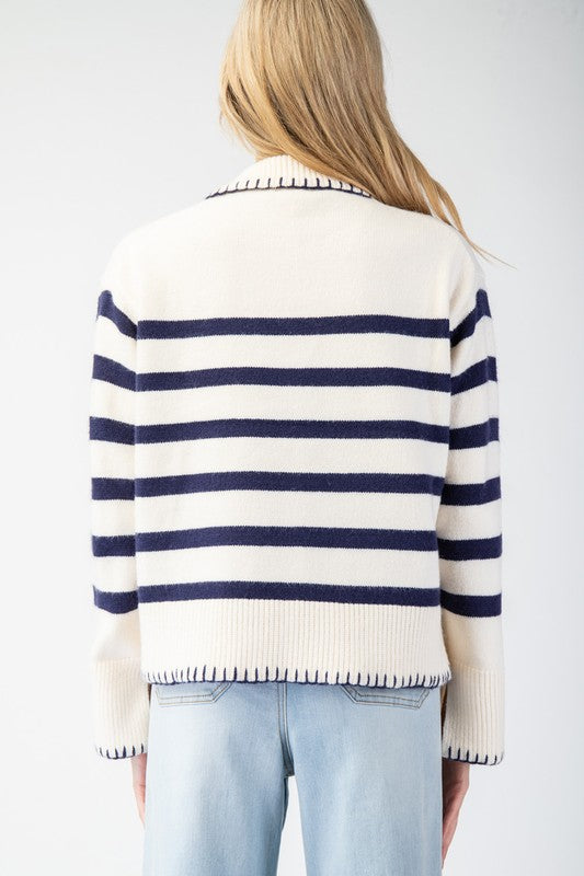 Striped Collar Bell Sleeve Sweater