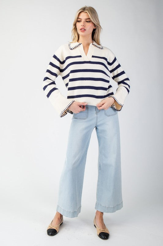 Striped Collar Bell Sleeve Sweater