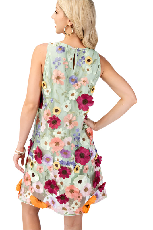 3D Floral Embroidered Sleeveless Mini Dress