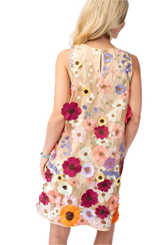 3D Floral Embroidered Sleeveless Mini Dress