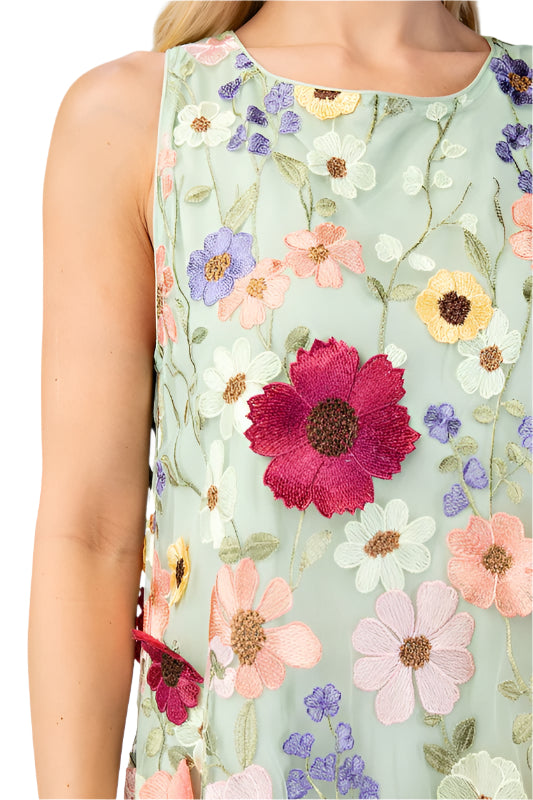 3D Floral Embroidered Sleeveless Mini Dress