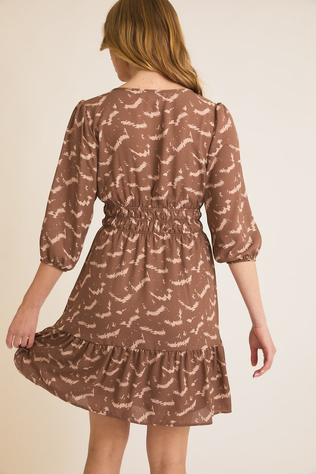 3/4 Sleeve Elastic Waist Print Dress