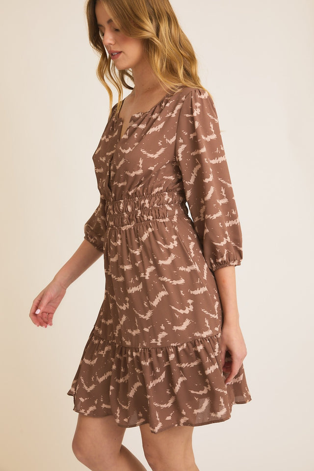 3/4 Sleeve Elastic Waist Print Dress