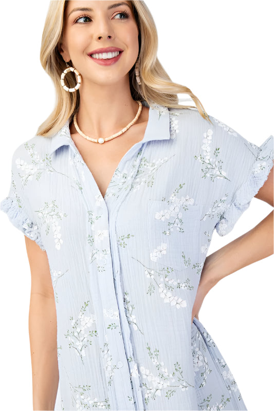 Floral Printed Gauze Shirt Dress