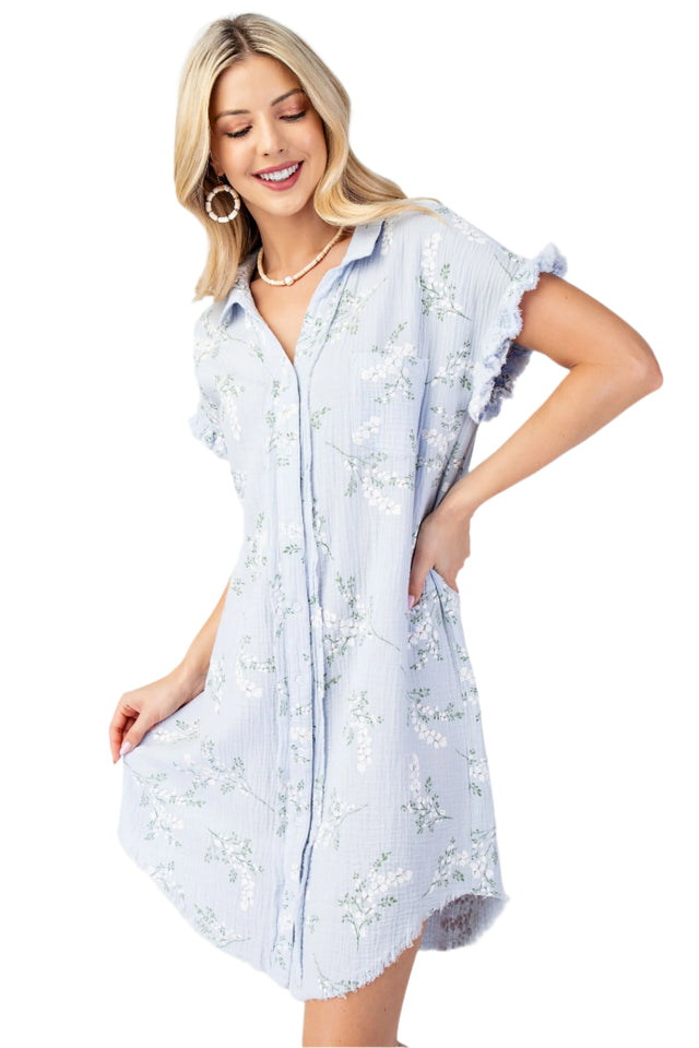 Floral Printed Gauze Shirt Dress