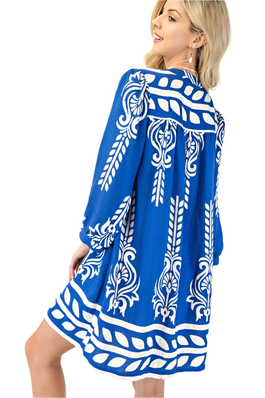 Printed 3/4 Sleeve Dress with Tassel Tie