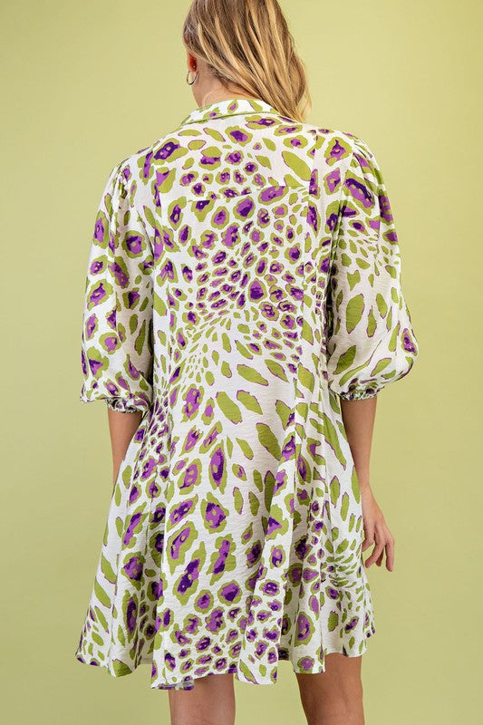 V-Neck Leopard Print 3/4 Sleeve Shirt Dress