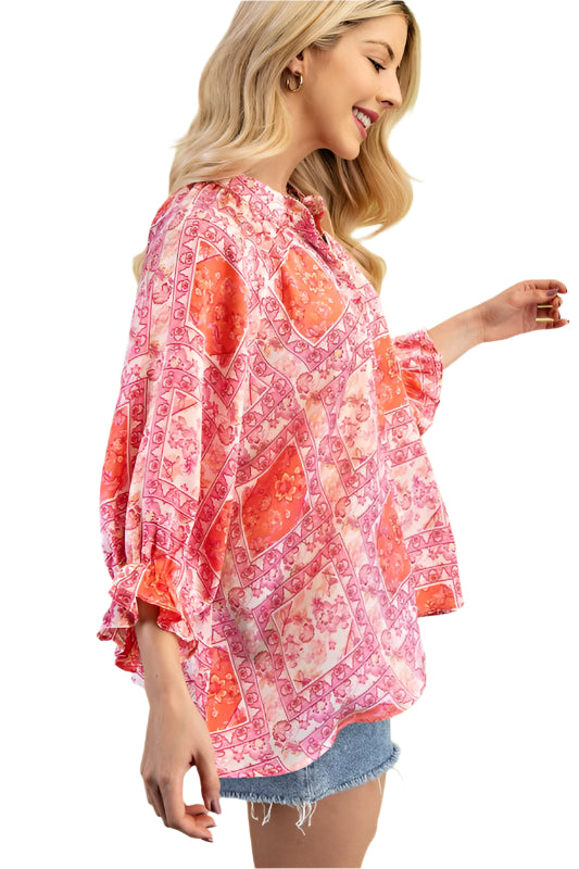 Scarf Print Loose Balloon Sleeve Blouse