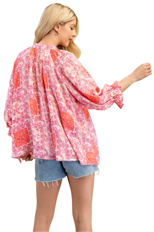 Scarf Print Loose Balloon Sleeve Blouse