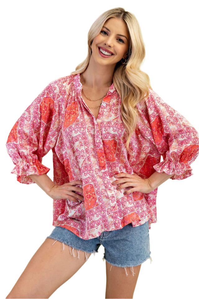 Scarf Print Loose Balloon Sleeve Blouse