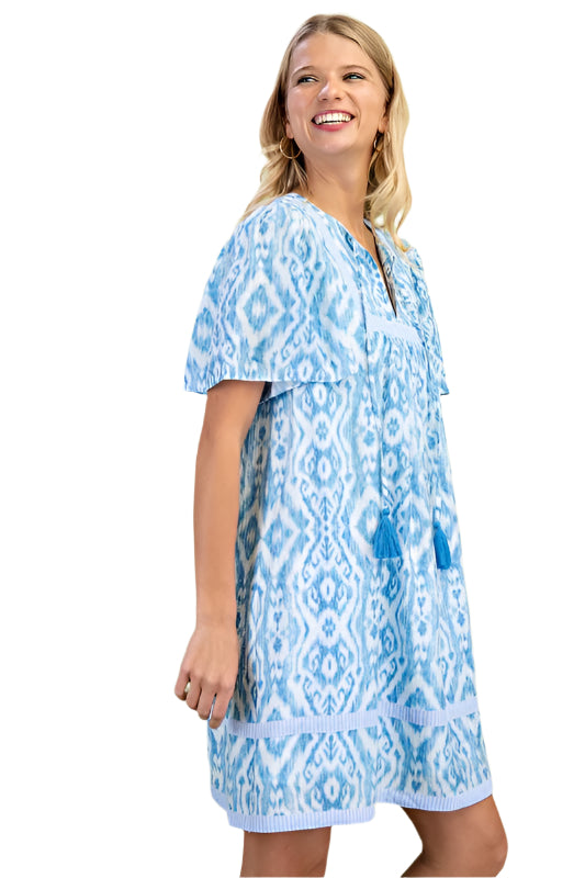 Patterned Dress with Tassel Tie