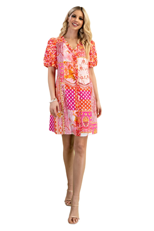 Mixed Print Short Puff Sleeve Dress