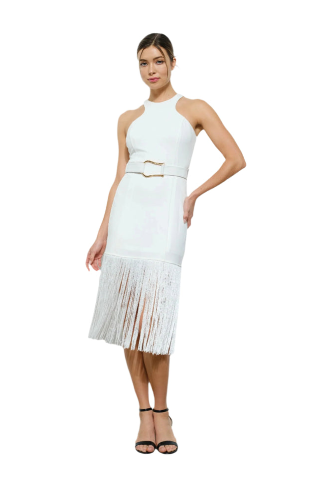 Sleeveless Fringe Trim Buckle Belt Midi Dress