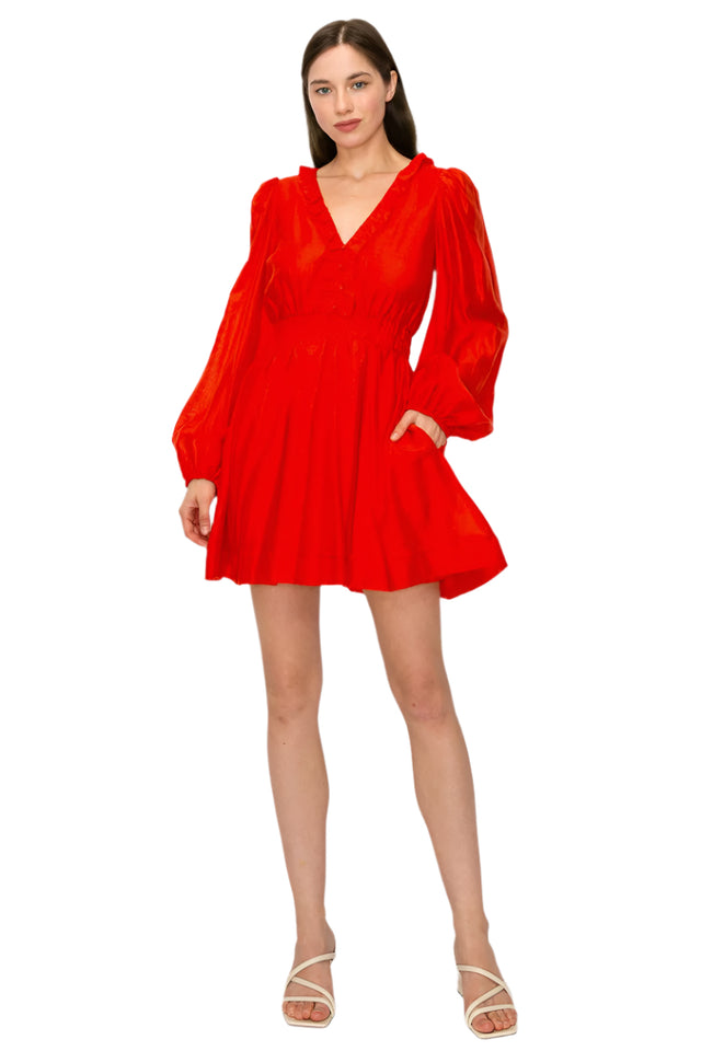 Long Puff Sleeves Ruffle Smoking Waist Mini Dress