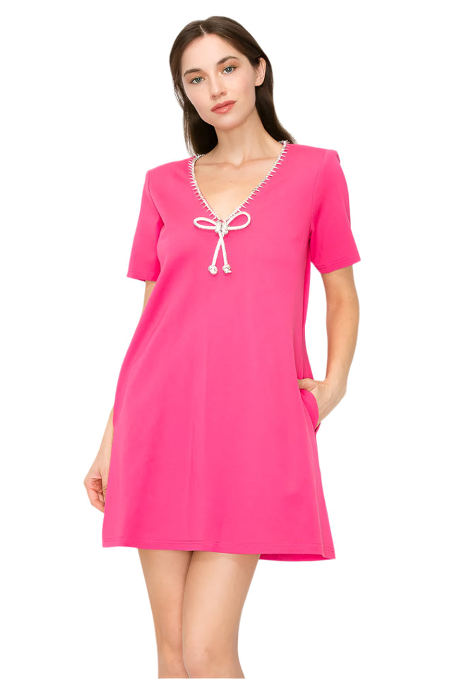 Crystal Bow And Crystal Trim V Neck Short Sleeve Dress