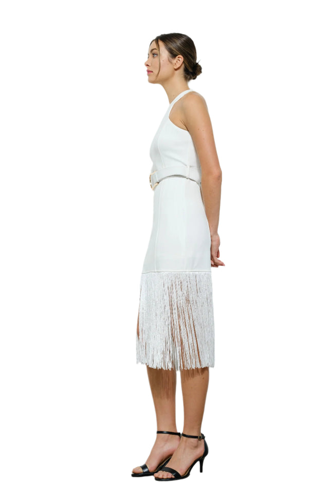 Sleeveless Fringe Trim Buckle Belt Midi Dress