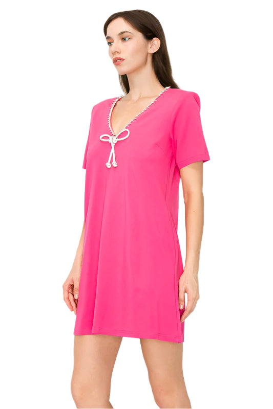 Crystal Bow And Crystal Trim V Neck Short Sleeve Dress