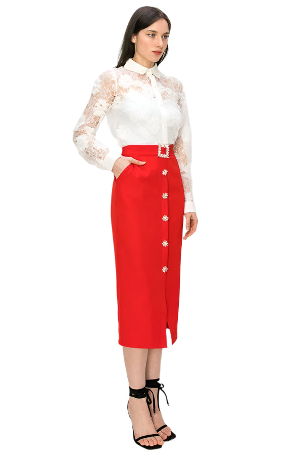 Rhinestone Belt Front Button Down Midi Skirt