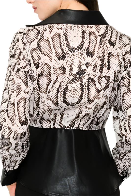 Snake Print Long Sleeve with Faux Leather Collar