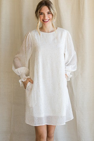 Washed chiffon dress with sheer long trumpet sleeves and side pockets