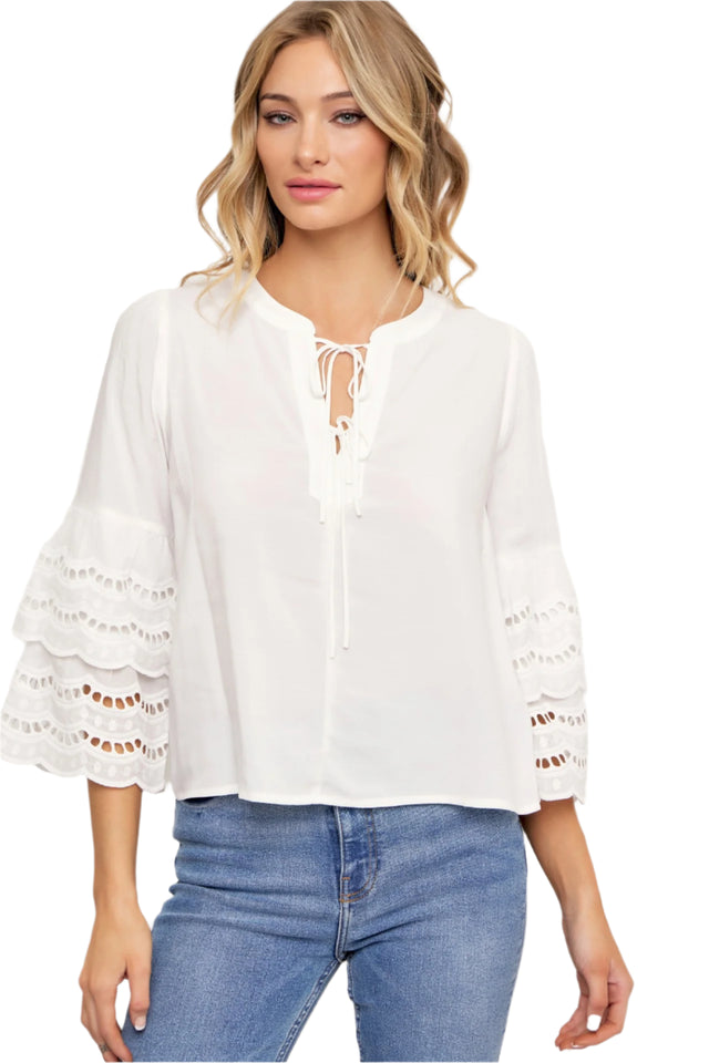 Ruffled Eyelet 3/4 Sleeve Top