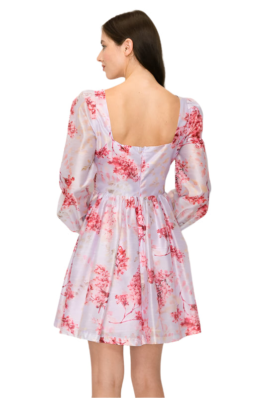 Long Balloon Sleeve Flared Floral Print Mini Dress