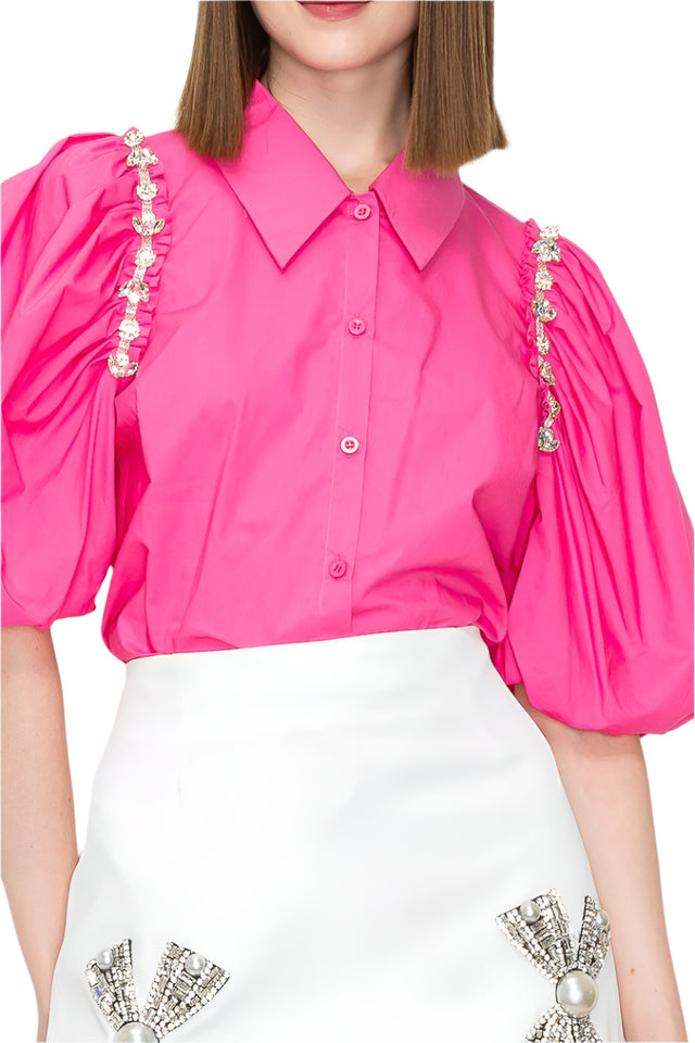 Short Puff Sleeve Embellished Rhinestone Shirt Top