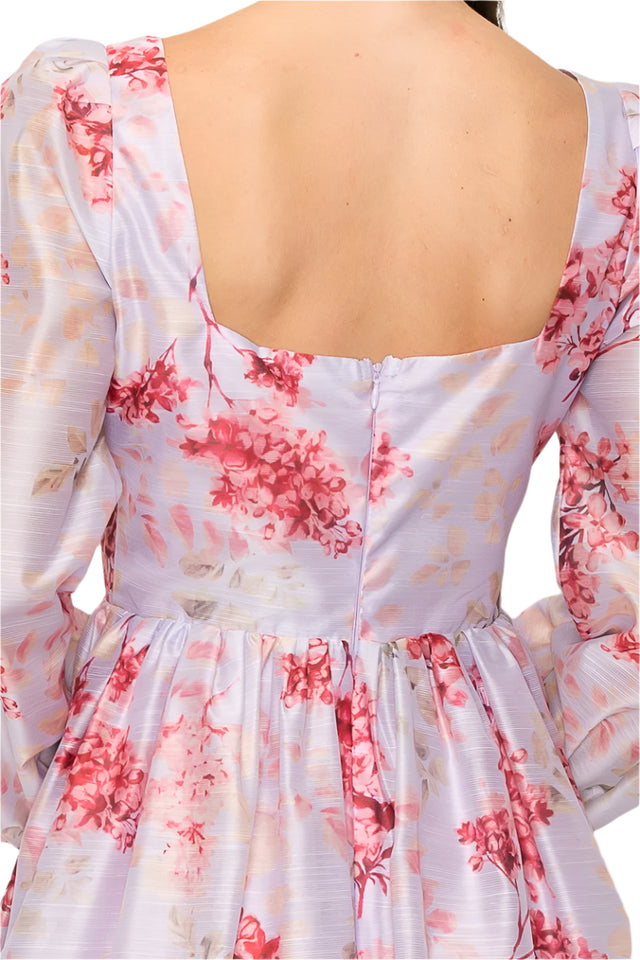 Long Balloon Sleeve Flared Floral Print Mini Dress